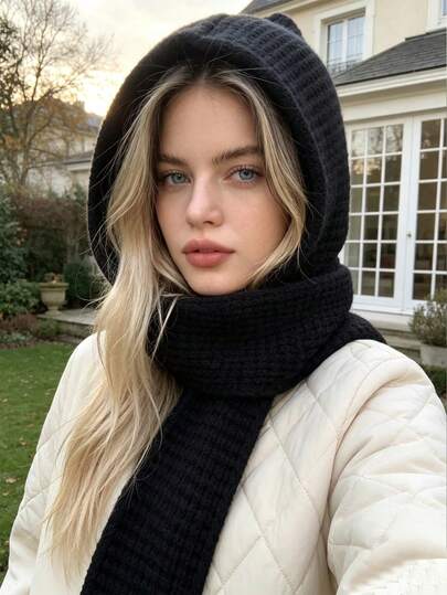 1pc Women's Fashionable Solid Color Black/Beige/Khaki/Brown Braided Pattern Knitted Warm Hoodie Scarf For Dates, Outings, Daily Wear