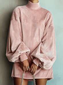 Women's Elegant High Neck Long Sleeve Solid Color Minimalist Casual Dress, Spring/Autumn - Pink - View 1