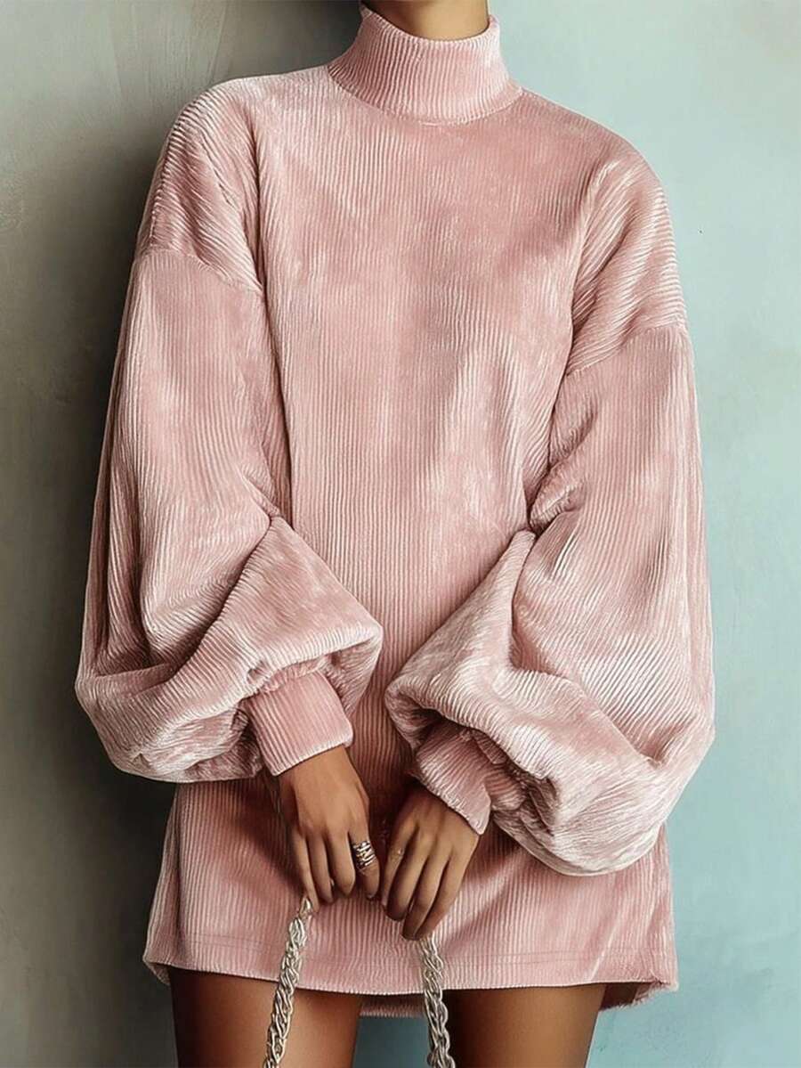 Women's Elegant High Neck Long Sleeve Solid Color Minimalist Casual Dress, Spring/Autumn - Pink - View 1