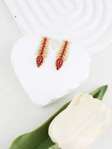 Middle Eastern Jewelry Set, 3pcs Gold-Plated Red Rhinestone Necklace And Earrings, Exaggerated Wheat Ear Long Necklace For Women, Wedding, Party, Gathering Accessory - Red - View 5