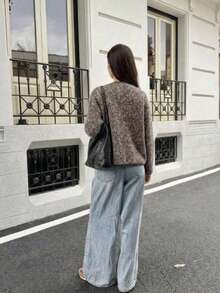 Cardigan Rajut Berbulu Cokelat Wanita, Sweater Lengan Panjang dengan Resleting Depan dan Kerah Tegak, Dilengkapi Saku Tempel dan Trim Bergaris, Cocok untuk Pakaian Musim Gugur/Musim Dingin yang Nyaman - Coffee Brown - View 7