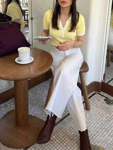 女款 Polo 領前開鈕扣拼接鏤空修身短袖針織套頭上衣，法式優雅輕便可愛夏季上衣 - 黃色 - 查看 9