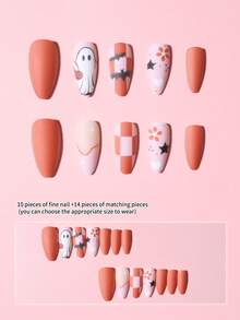 Halloween 24pcs Long Almond Shape Press-On Nails, Floral, Bat, Ghost Design, Acrylic Material Set Includes: 1pc Jelly Glue And 1pc Nail File - Multicolor - View 2
