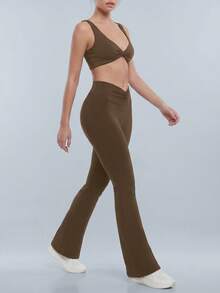 NcmRyu Women's One Set Solid Color Twist Front Deep V-Neck Backless Bra & V-Shape Ruched High Waist Flare Pants Set - Coffee Brown - View 6