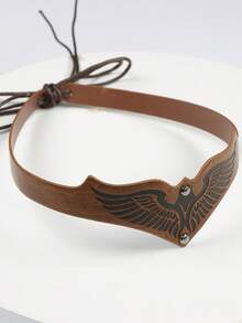 1pc Embossed Wing Leather Headband, Brown V-Shaped Warrior Forehead Band Unisex, Adjustable Viking Medieval Renaissance Halloween Cosplay Costume Hair Accessory - Multicolor - View 3