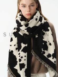 1pc Women's Cow Print Fashion Soft Warm Polyester Faux Mink Fur Scarf, Suitable For Autumn/Winter Daily Wear And Halloween - Black and White - View 4