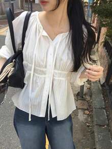 優雅V領前綁帶長袖提花女款上衣 白色 - 白色 - 查看 7