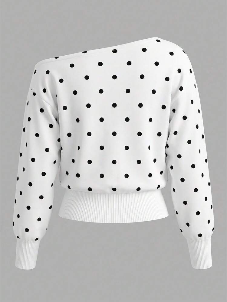Fall Back‑To‑School Women Open Shoulder Knit Crop Top Black Polka Dot Long Sleeve Slim Fit Layering Blouse White - White - View 8