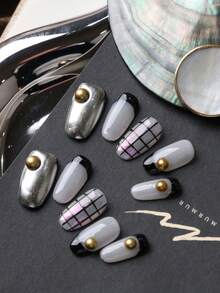 10pcs Press On Nails Silvery Black French Grid Nail Supplies Nails Press On Short Nail Fake Nails Artificial Nails Kit Includes 1sheet Adhesive Tabs &1 Pc Mini File Nail - Multicolor - View 2
