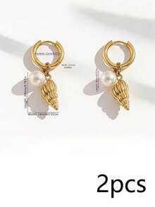 304不鏽鋼18K鍍金獨特歐式極簡風珍珠葉片耳夾耳環，時尚天然石珠飾，女款 - 金黃色4885 - 查看 11