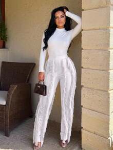 CALEBGAR Women's Sexy Two Piece Outfits Long Sleeve Fringe Pants Set Clubwear Going Out Birthday Party Night Outfits - 白色 - 查看 10