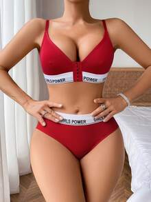 Front Closure Wireless Letter Print Bra Set For Women - Red - View 5