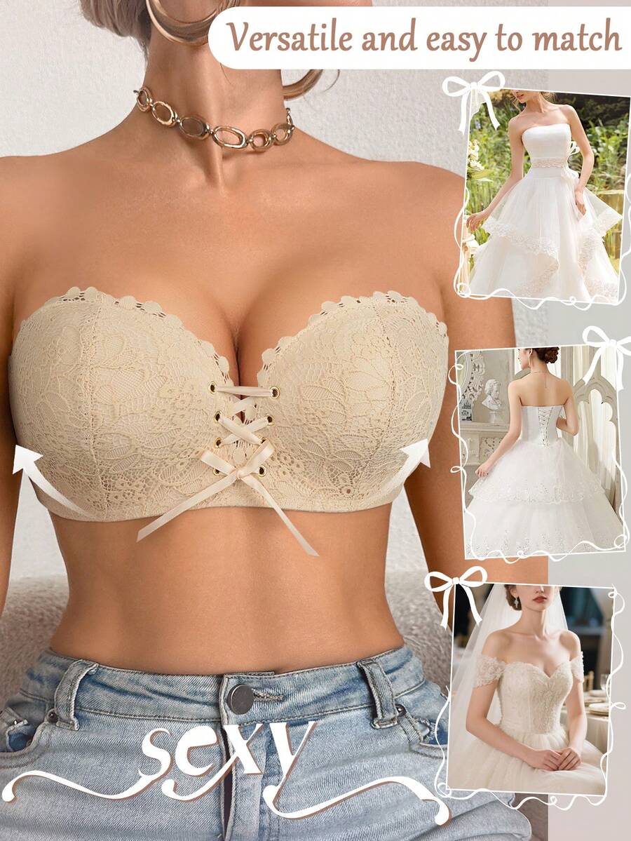 mimilemon Women's Beige Lace Strapless Wire-Free Bra - Drawstring Push-Up Design, Breathable And Comfortable, Suitable For Vacation Wear