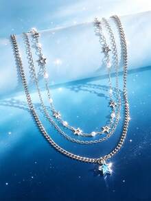 1/3pcs Silver Metal Handmade Chain Star Moon Pendant Multi-Layer Necklace - Silver - View 8
