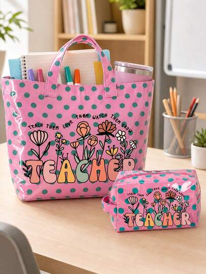 New Fashion Polka Dot Large Capacity Shoulder Tote Bag, "TEACHER" Letter Print Tote Bag, Women's Handbag, Large Capacity Shoulder Bag, Fashion Polka Dot Bag, Pink And Green Color Combination Women's Bag, Multi-Functional Women's Shoulder Bag, Women's Casual Travel Tote Bag, New Fashion Large Capacity Women's Bag, Fashion Vacation Tote Bag, Commuter Essential Underarm Bag, Women's Wallet, Suitable For Vacation Tourists, Commuting Women, Vacation, Shopping, Daily Commute Use, Family Gift, Back To School Season, Teacher's Day, Back To School Gift