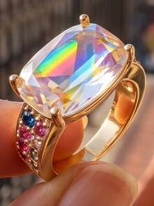 1 pieza Accesorio de vacaciones glamuroso, anillo apilable de tono dorado con piedra central rectangular iridiscente y circonita multicolor en los laterales - Multicolor - Ver 2