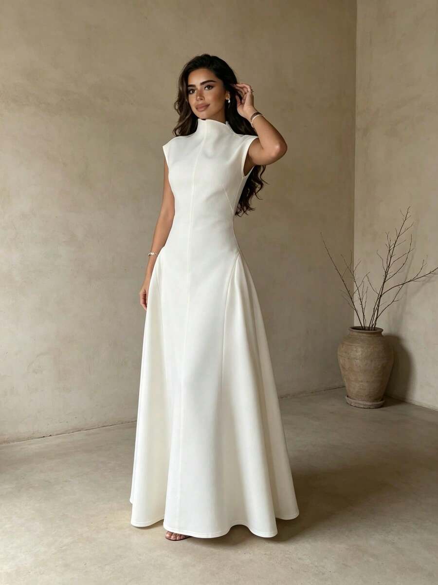Elegant Women Stand Collar Cap Sleeve A Line Maxi Dress Solid White ...