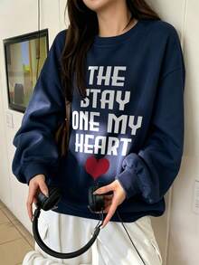 Women's Crew Neck Sweatshirt, New Autumn/Winter Heart Pattern And Letter Print, Casual Versatile Loose Fit Top, Fashionable Daily Wear - Navy Blue - View 6