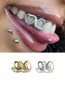 1 Set Double Hollow Heart Side Zirconia Personalized Cute Niche Hip Hop Tooth Jewelry Set Combination Party Holiday Accessory Gift - Multicolor - View 3