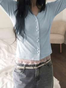 女款素色休閒百搭日常開襟衫 - 藍色 - 查看 7