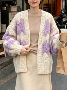 Women's New Long-Sleeve Loose Knit Cardigan For Spring  Autumn - Also Suitable For Winter  Fall Wear - Purple - View 3