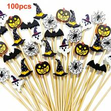 50/100pcs Halloween Cocktail Picks Pumpkin Bat Ghost Witch Appetizer Skewers Halloween Party Decoration Cupcake Toppers - Multicolor - View 7