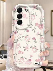 1pc Wavy Edge Light Pink Tiny Floral Print Phone Case, Soft TPU Shockproof Protective Cover, Cute Small Rose Pattern Compatible With Samsung, Series Phones - White - View 3