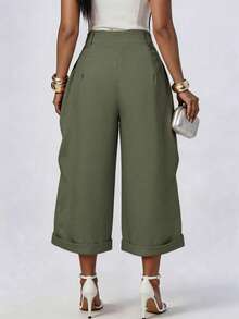 1pc Women's Fashion Versatile Solid Color Pocket Casual Wide Leg Capri Pants Office Daily Spring Summer - Army Green - View 2