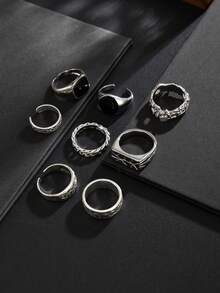 8pcs Vintage Antique Silver Black Stone Stackable Rings Set For Men, Gothic Carved Chain Twist Band Rings, Hip Hop Punk Style Cool Men's Jewelry Gift - White K - View 6