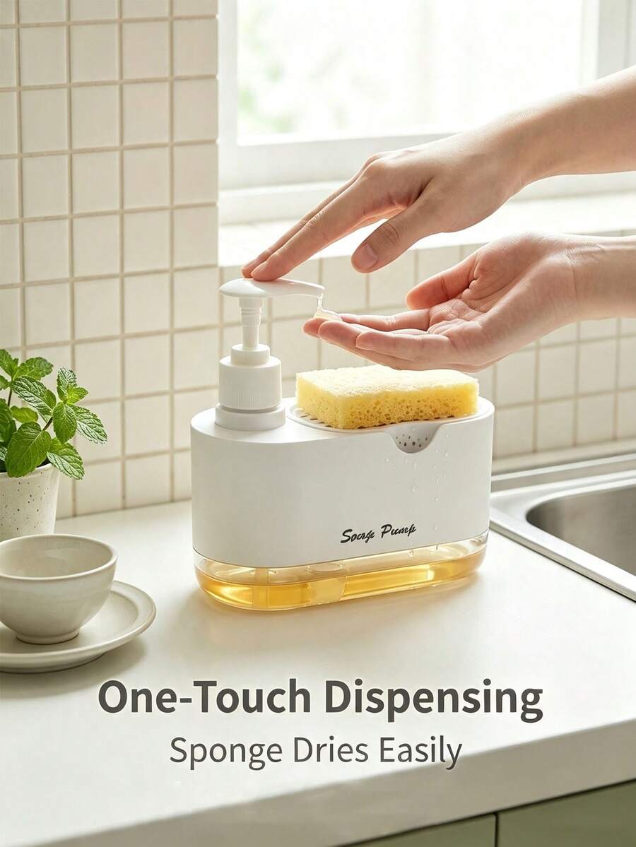 5/1pc Minimalist Plastic Soap Dispenser, Built-In Drip Tray And Sponge Holder, Press-Type Leak-Proof Liquid Storage, Multi-Functional Soap Dispenser Set, Bathroom Accessories And Bathroom Storage, Suitable For Kitchen Sink Cleaning And Home Bathroom Daily Use
