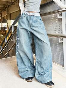 1pc American Street Style Women's Embroidered Loose Wide Leg Jeans Long Pants, All Season Fashion Casual - Light Wash - View 3