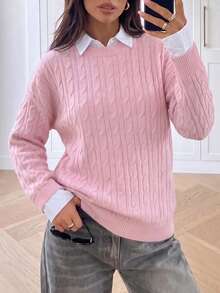 Women's Solid Color Ribbed Cable Knit Sweater For Daily Wear In Spring And Autumn - Pink - View 7