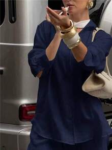 2件組純色休閒優雅口袋鈕扣襯衫與長褲套裝，辦公室街頭風，春季/秋季 - 深藍色 - 查看 10