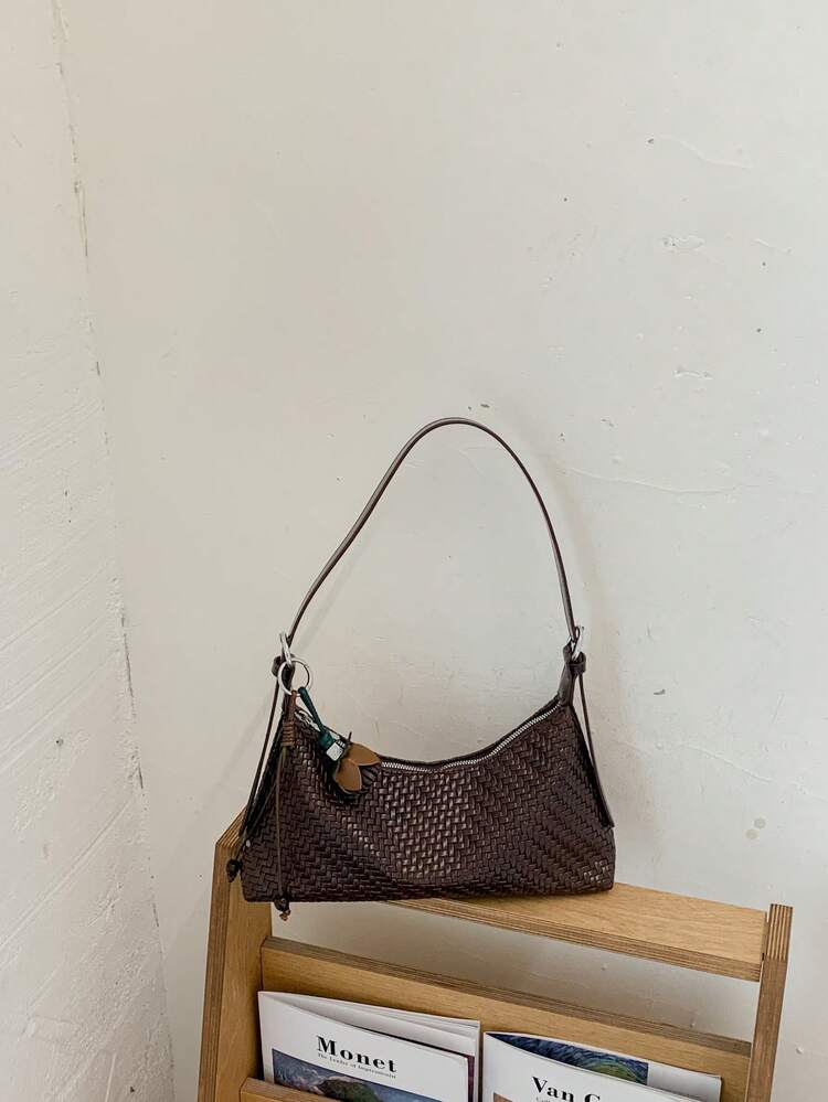 Hevel 1pc New Solid Color Woven Texture Baguette Bag PU With Pendant, Zipper Handbag, Adjustable Shoulder Strap Crossbody Bag, Fashion Women's Shoulder Bag For Daily Use, Shopping, Dating - Coffee Brown - View 2