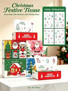80Pcs/Pack Christmas Printed Facial Tissues, 4 Cute Xmas Patterns Disposable Paper Napkins, 4-Ply Holiday Decor Tissues, Santa Snowman Christmas Tree Print Tissue, Disposable Hand Towels For Home Dinner Party Decor Xmas Gift - Multiple Styles - View 5