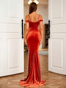 Women's Charming Burnt Orange Velvet Spaghetti Strap Square Neck Sequin Patchwork Backless Maxi Party Dress - Burnt Orange - View 5
