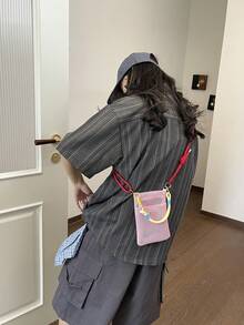 女款新式單肩斜跨迷你手機包，網格紋理縱向設計，超可愛小手機包 - 粉色 - 查看 6