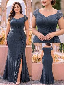 Plus Size Floral Lace V-Neck Open Shoulder Ruffle Slit Formal Evening Party Long Dress, Wedding Guest Dress Elegant Summer - Grey - View 1