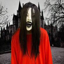 1pc Horror Stitched Face Ghost Mask With Long Black Hair, Female Ghost Cosplay Mask, Halloween Party Haunted House Costume Prop - Multicolor - View 3