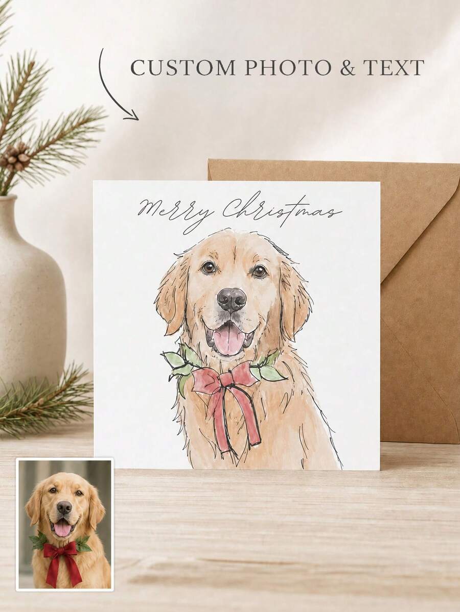 1pc Customized Watercolor Pet Photo Greeting Cards, Golden Retriever Christmas Greeting Cards, Personalized Dog Christmas Blessing Cards With Envelopes, Pet Owner Holiday Gift Cards. - Multicolor - View 1