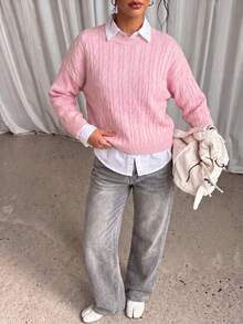 Women's Solid Color Ribbed Cable Knit Sweater For Daily Wear In Spring And Autumn - Pink - View 9