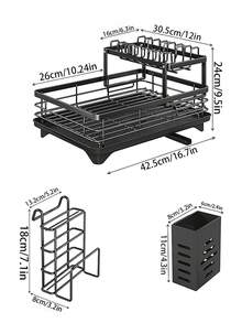 2Layer Double Layer Heavy-Duty Metal Bowl Rack With Drainage Board, Cutlery Rack, And Cup Hook | Space Saving Countertop Bowl Rack, Adjustable Plates, Pots, Pans, And Sturdy Kitchen Storage Rack - Black - View 12