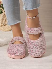 Pink & Brown Leopard Print Fuzzy Rhinestone Single Strap Full Coverage Round Toe Slip-On Sandals For Women, Flat Furry Slides For Home And Outdoor Wear, Autumn/Winter - Pink - View 4
