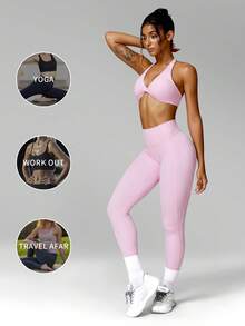 MFVIM Women's Naked Feel High Elastic Yoga Set, Fashionable Minimalist All-Match Versatile Plus Size Casual Wear - Baby Pink - View 5