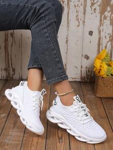 Women's Lace-Up Fabric Athletic Shoes With Letter Decor, Suitable For Sports, Casual, Commuting, Lightweight - White - View 3