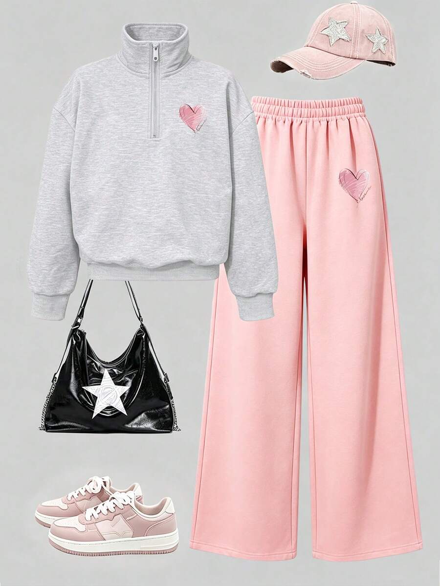 2pcs/Set Girls Pink Heart Print Half-Zip Hoodie & Pants Set, Autumn/Winter Fashion Comfortable Outfit - Multicolor - View 1