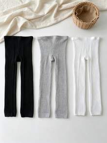 3 Pasang Legging Ketat Bergaris Warna Polos untuk Anak Perempuan, Legging Lapisan Dasar Serbaguna untuk Musim Semi dan Gugur, Cocok untuk Pemakaian Sehari-hari dan Sekolah Anak Perempuan - MultiWarna - View 3