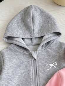 Baby Girls 2pcs Set Grey & Pink Bow Print Minimalist Long Sleeve Hooded Zip-Up Jacket, Solid Color Ribbed Cuffs Casual Fashion Outdoor Cardigan Top - Multicolor - View 8
