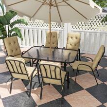 7 Pieces Garden Dining Set, Outdoor Rectangular Dining Table And 6 Cushioned Armchairs, Tempered Glass Top Table W/Umbrella Hole, Texteline Seats, Beige - Beige - View 1