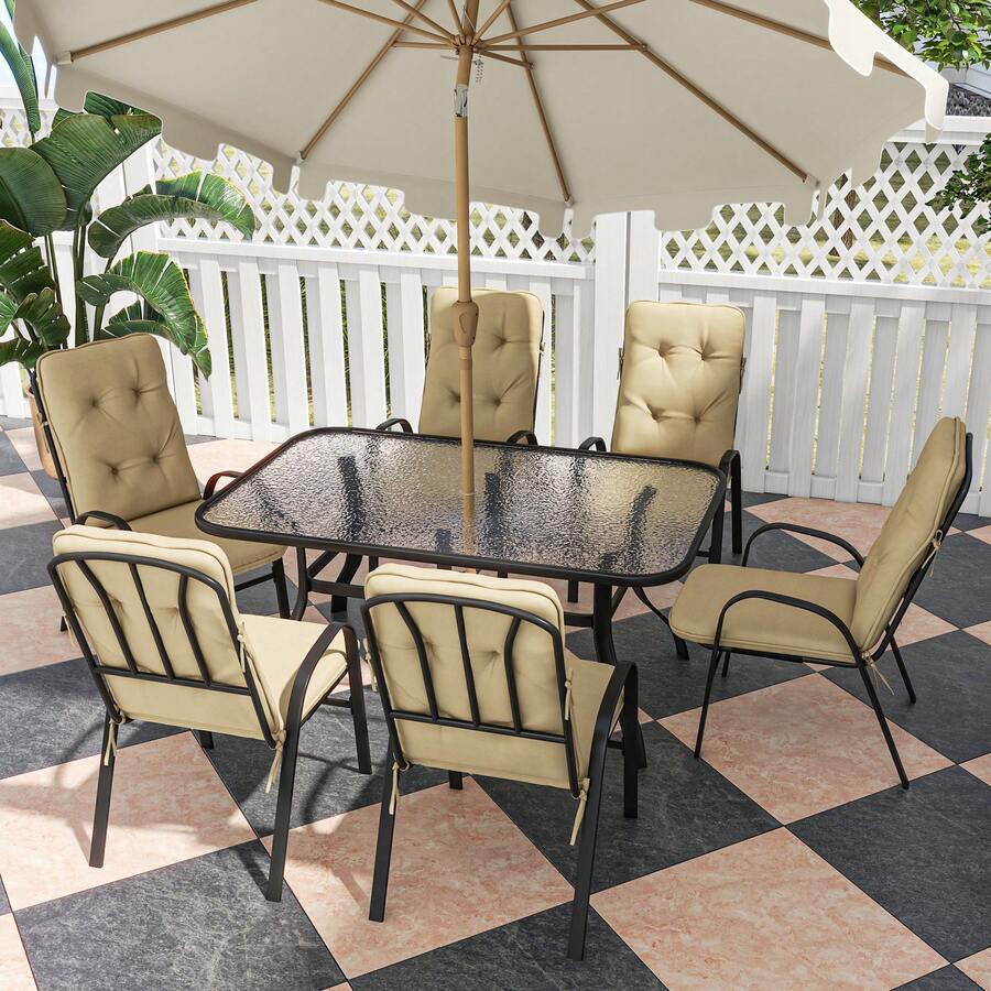 7 Pieces Garden Dining Set, Outdoor Rectangular Dining Table And 6 Cushioned Armchairs, Tempered Glass Top Table W/Umbrella Hole, Texteline Seats, Beige - Beige - View 1